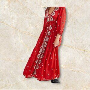Free People Rock n Roll Red Embroidered Maxi Dress XS (NWT) • Boho Festival Godd